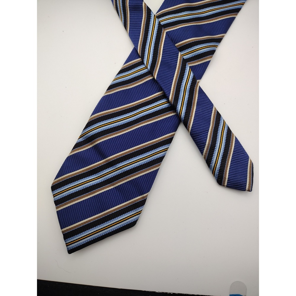 Rush Wilson Limited En Gallery Extra Long Silk Cotton Striped Tie Blue Gold USA